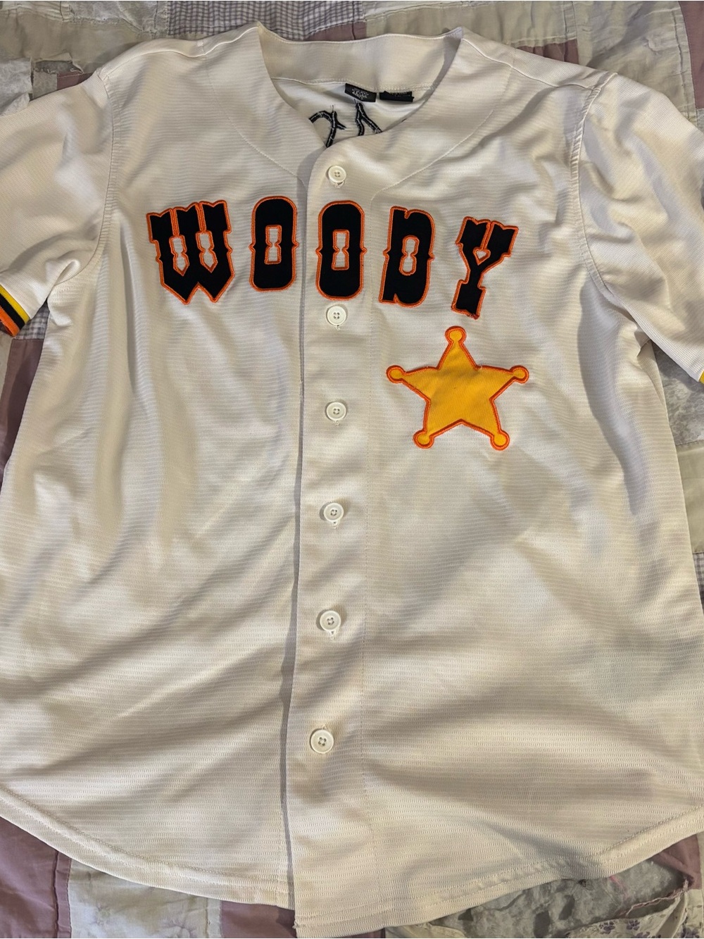 White Toy Story 'WOODY' Button-Up Baseball Jersey with Yellow Sheriff Star